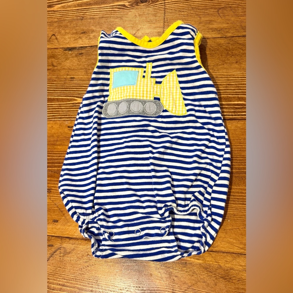 Jelly Bean Blue and White Striped Embroidered Tractor Baby Boy Romper Size 6m